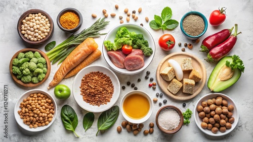 Minimalist Still Life of Healthy Dog Food Featuring Protein-Rich Ingredients, Balanced Fats, and Carbohydrates in a Clean and Simple Setting for Pet Nutrition Awareness