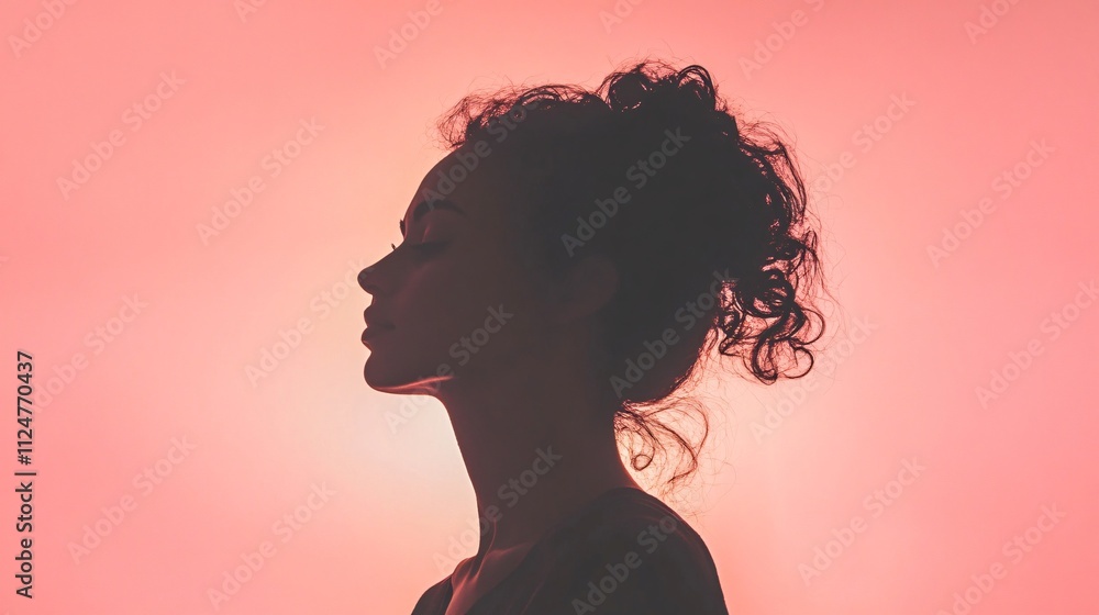 in a pale pink background, a close-up of woman in a frontal pose, silhouette, backlight, contrast in a pale pink background, a close-up of woman in a frontal pose, silhouette, backlight, contrast