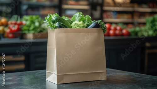 Mockup blank template craft package filled with vegetables in a grocery store setting. Eco friendly photo