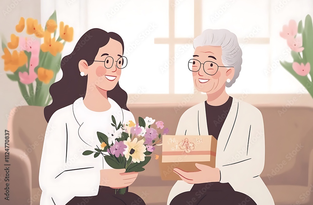 A happy mother and daughter sitting on the sofa, holding flowers in their hands, womens day background