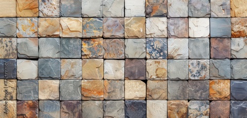 Fototapeta Naklejka Na Ścianę i Meble -  Close-up of gray stone tile wall texture with geometric pattern and natural marble or granite surface