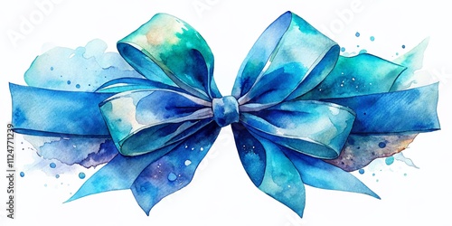Beautiful Blue Gift Bow with Watercolor Drawing in a Dreamy Double Exposure Style, Blending Elegance and Serenity for Holiday Celebrations and Gift Giving Inspiration