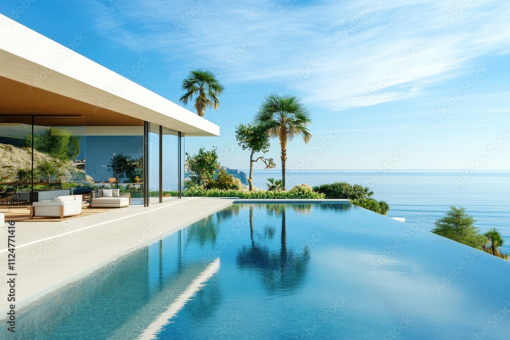 Fototapeta premium Modern tropical villa green exterior large windows minimalist architecture poolside palm trees lush landscaping
