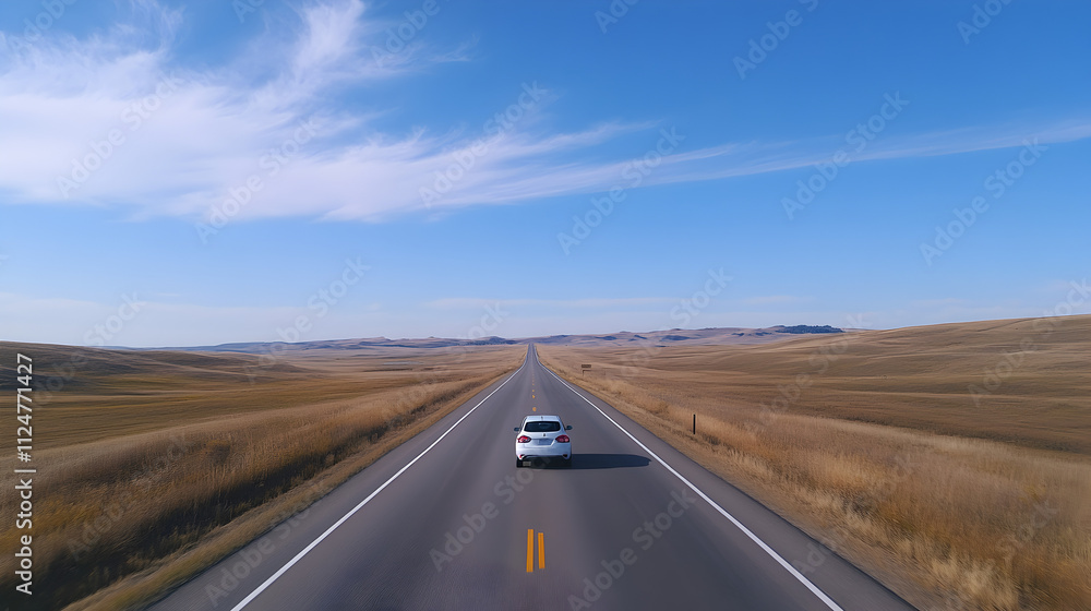 A long, empty highway stretching into the horizon, with a car speeding along, surrounded by rolling hills and open fields. Car driving on empty highway. A long, empty highway stretching into the horizon, with a car speeding along, surrounded by rolling hills and open fields. Car driving on empty highway.