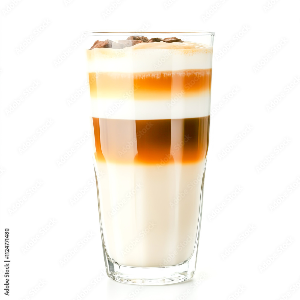 layered latte macchiato in tall clear glass isolated on white background layered latte macchiato in tall clear glass isolated on white background
