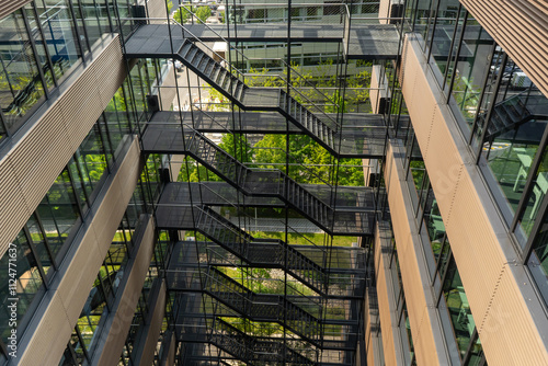 A very large building with numerous stairs going both up and down