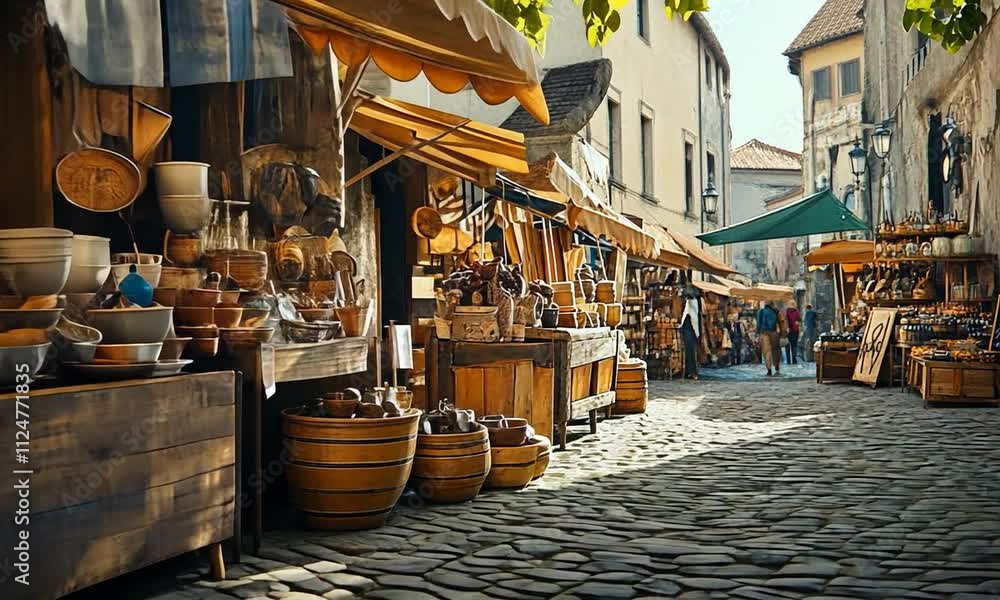 Medieval Market Street: Pottery, Woodenware, and Cobblestone Pathway Medieval Market Street: Pottery, Woodenware, and Cobblestone Pathway
