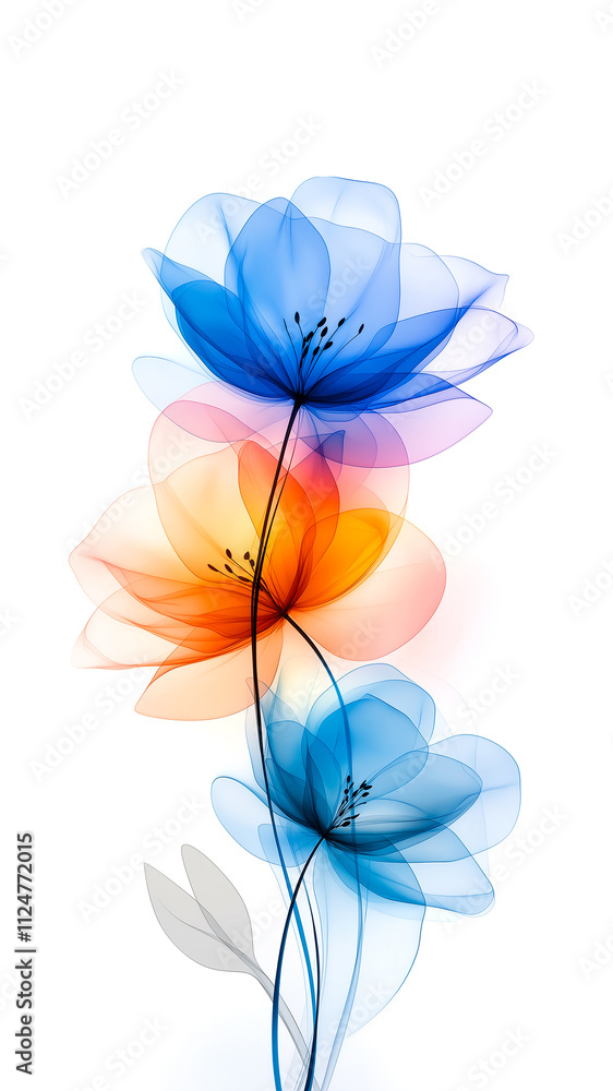 Fototapeta premium Blue and orange flowers on white background. Postcard design. Floral illustration. Vertical poster.