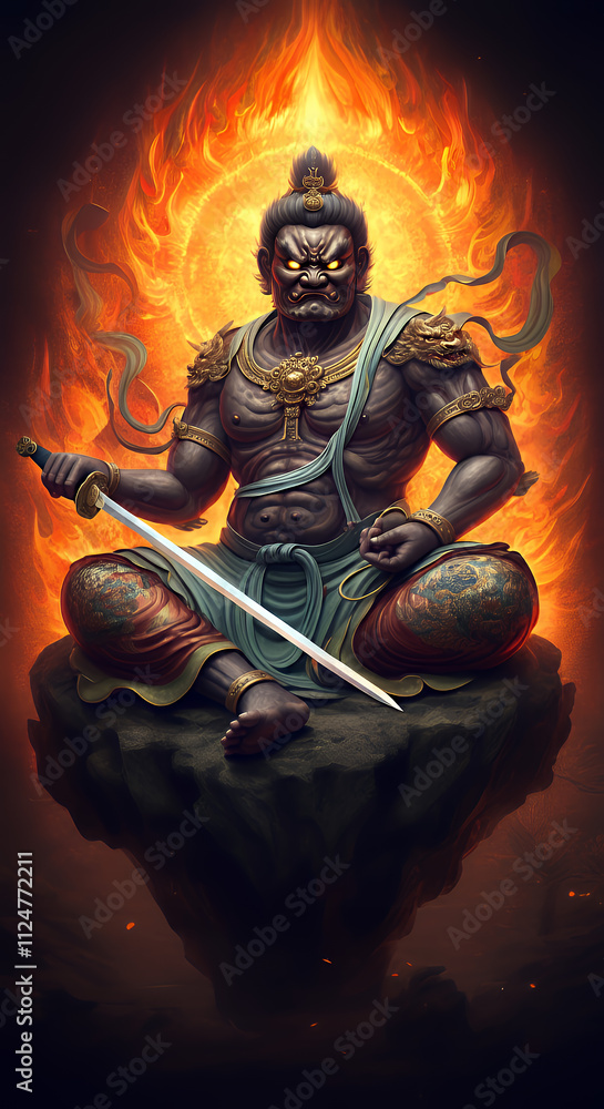 A fierce depiction of Fudo Myoo seated on a rock, surrounded by flames, holding a sword and lasso, symbolizing protection and strength. A fierce depiction of Fudo Myoo seated on a rock, surrounded by flames, holding a sword and lasso, symbolizing protection and strength.