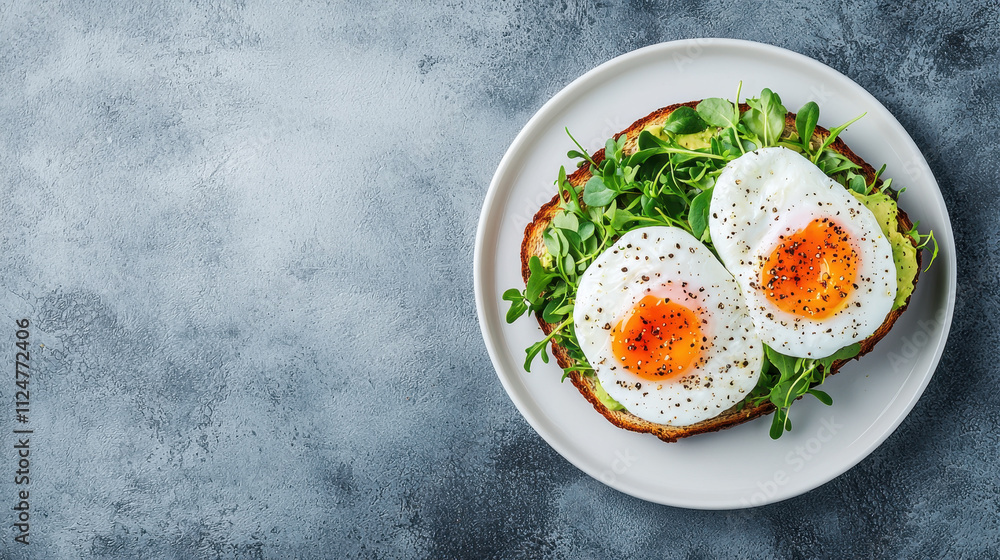 Fresh avocado toast topped with microgreens and perfectly poached eggs, creating delicious and healthy meal option. Ideal for breakfast or brunch lovers Fresh avocado toast topped with microgreens and perfectly poached eggs, creating delicious and healthy meal option. Ideal for breakfast or brunch lovers