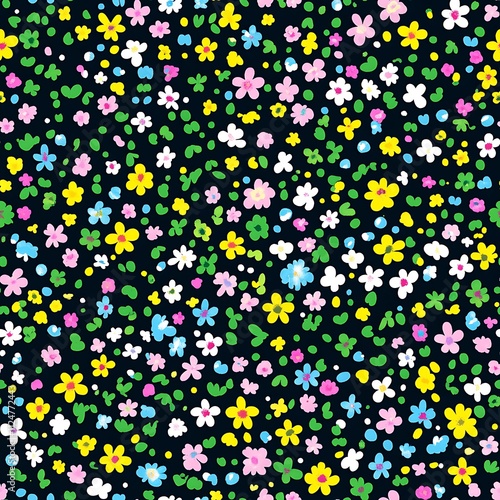 A seamless pattern of small, colorful flowers and leaves on a dark background