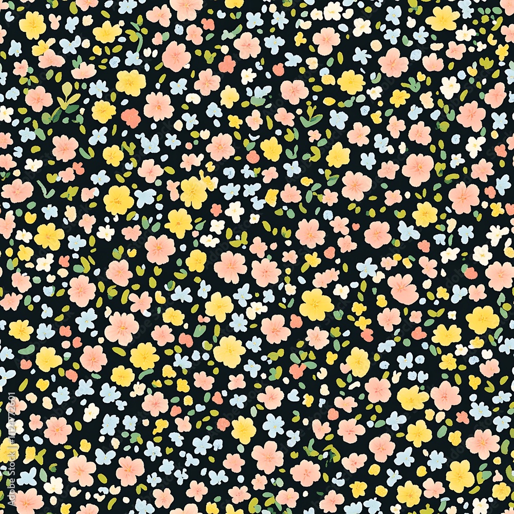 A seamless pattern of small, colorful flowers and leaves on a dark background A seamless pattern of small, colorful flowers and leaves on a dark background