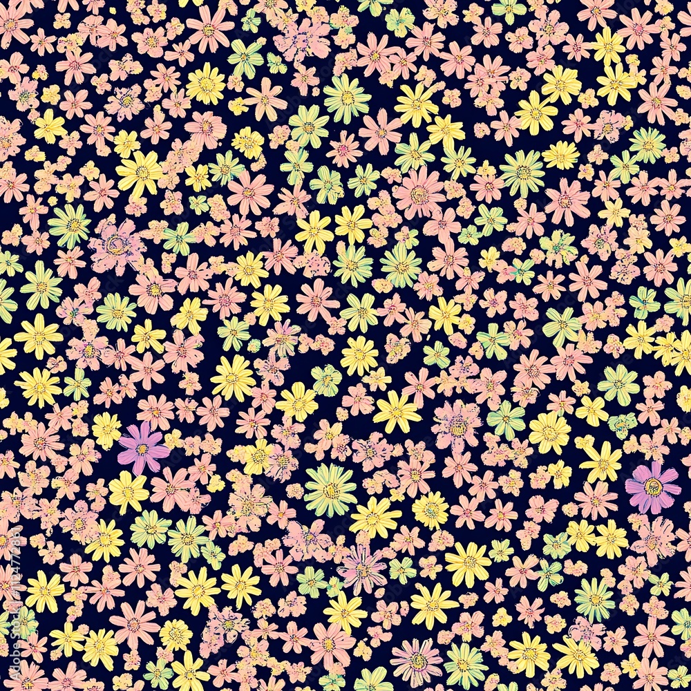 A seamless pattern of small, colorful flowers and leaves on a dark background A seamless pattern of small, colorful flowers and leaves on a dark background