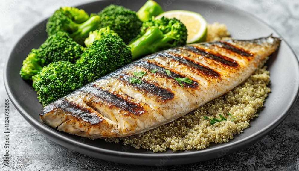 Grilled mackerel served with quinoa and steamed broccoli on plate, garnished with lemon. healthy and delicious meal that showcases vibrant colors and textures Grilled mackerel served with quinoa and steamed broccoli on plate, garnished with lemon. healthy and delicious meal that showcases vibrant colors and textures