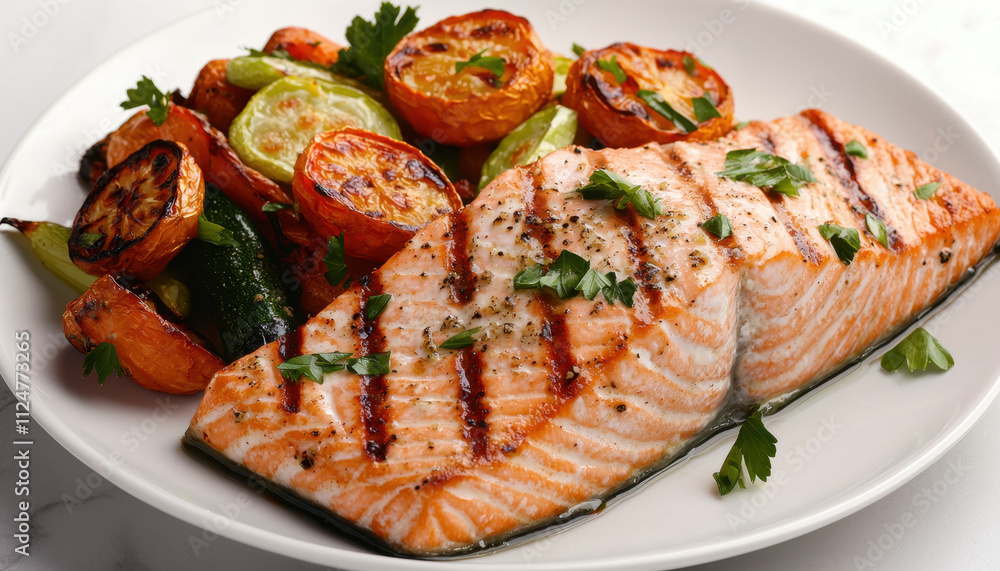 Grilled salmon served with roasted vegetables, featuring vibrant colors and fresh herbs, creates delicious and healthy meal. Enjoy rich flavors and appealing presentation Grilled salmon served with roasted vegetables, featuring vibrant colors and fresh herbs, creates delicious and healthy meal. Enjoy rich flavors and appealing presentation