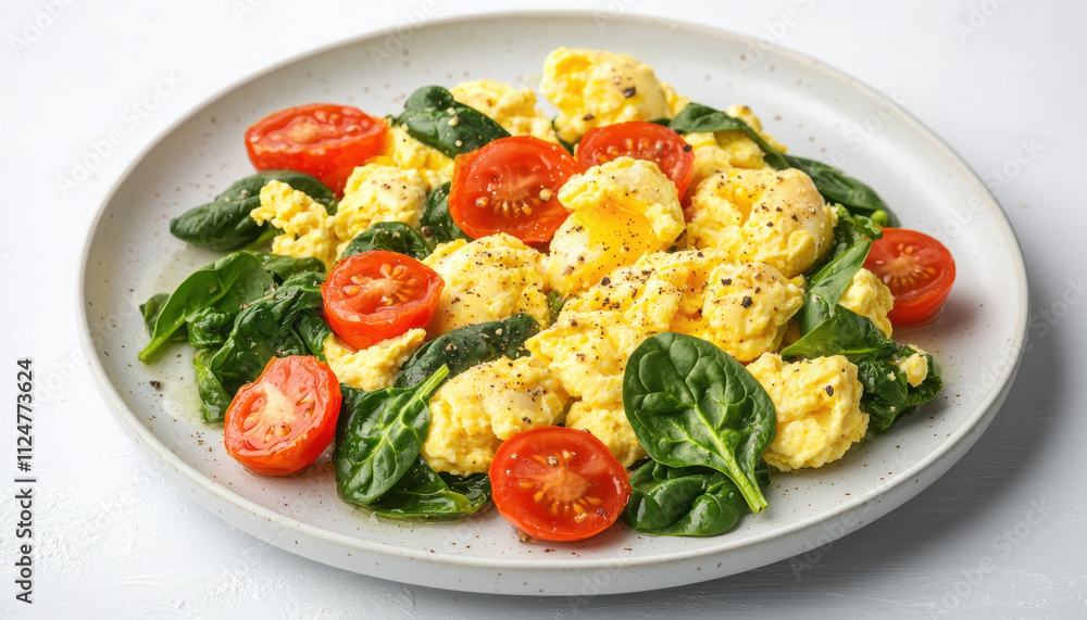Scrambled eggs with spinach and tomatoes on plate, garnished with pepper. healthy and delicious breakfast option that is both nutritious and satisfying Scrambled eggs with spinach and tomatoes on plate, garnished with pepper. healthy and delicious breakfast option that is both nutritious and satisfying