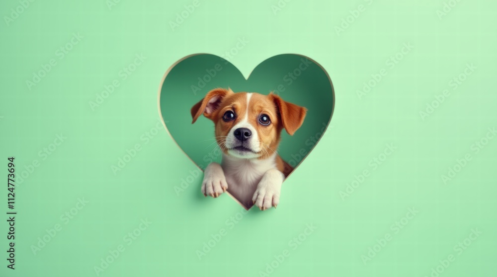A dog peeking through a heart-shaped cutout on a solid pastel green background, symbolizing love and affection A dog peeking through a heart-shaped cutout on a solid pastel green background, symbolizing love and affection