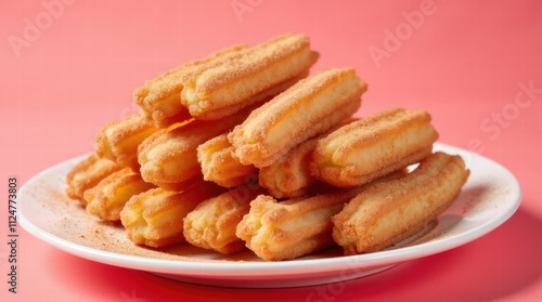 A plate of churros dusted with sugar and cinnamon powder on a pastel pink background