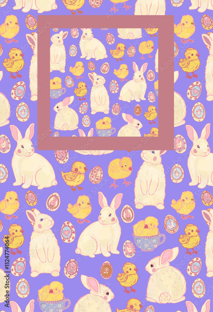 Rabbits and chickens on a purple background. Delicate spring seamless provence pattern. Easter holiday. Hand drawn watercolor violet illustration wallpaper. Rabbits and chickens on a purple background. Delicate spring seamless provence pattern. Easter holiday. Hand drawn watercolor violet illustration wallpaper.