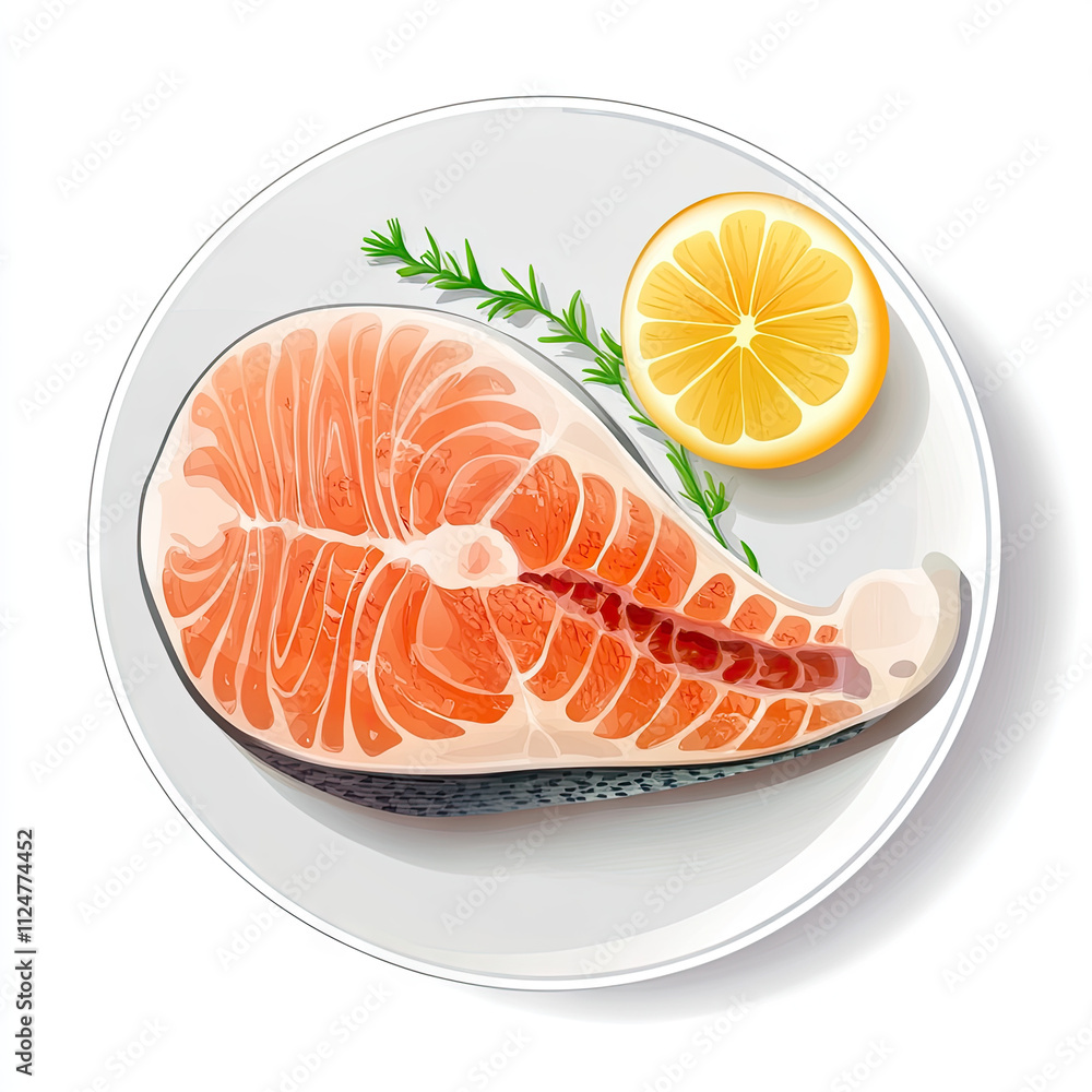 An illustration of a fresh salmon steak with lemon on a white plate, top-down view An illustration of a fresh salmon steak with lemon on a white plate, top-down view