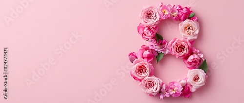A pink background with an illustration of the number eight made from tulips and roses, womens day background