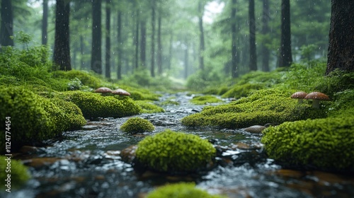 Misty forest stream with mossy banks and mushrooms.
