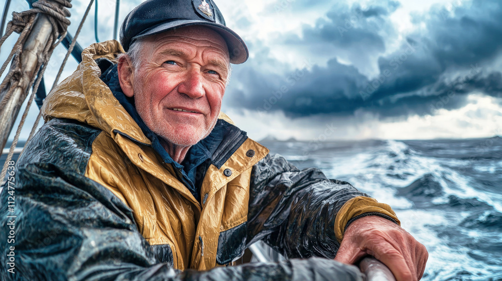 An elderly happy male captain with a serious expression, dressed in a thick rain jacket and captain’s hat, grips the railing on the bridge, looking out over the surging northern sea and storm clouds. An elderly happy male captain with a serious expression, dressed in a thick rain jacket and captain’s hat, grips the railing on the bridge, looking out over the surging northern sea and storm clouds.