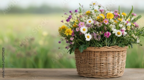 Wallpaper Mural Old-school and vintage craftsmanship, A vibrant basket of colorful wildflowers sits on a wooden table, set against a blurred green field background, evoking a serene, natural atmosphere. Torontodigital.ca