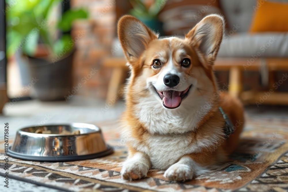 dog sitting on the floor near an empty metal bowl of food dog sitting on the floor near an empty metal bowl of food