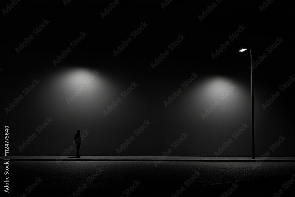A lone person stands in silence on a deserted street beneath soft streetlight beams, surrounded by darkness above, creating a quiet atmosphere. Generative AI A lone person stands in silence on a deserted street beneath soft streetlight beams, surrounded by darkness above, creating a quiet atmosphere. Generative AI