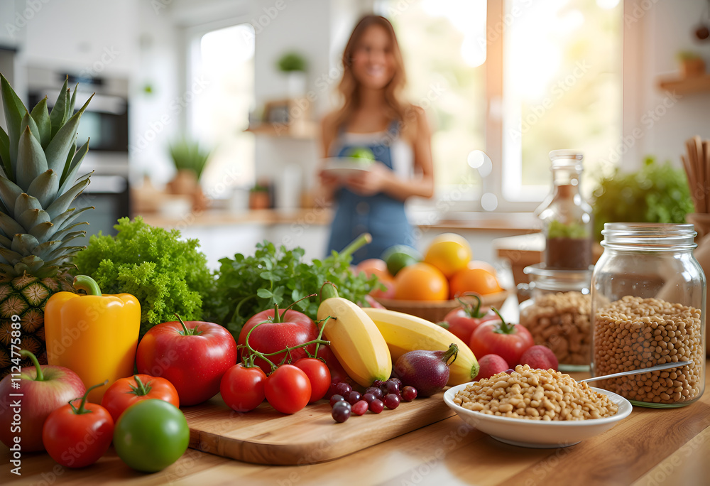 A woman prepares a meal in a bright kitchen surrounded by fresh produce.The counter is filled with an assortment of vibrant fruits, vegetables, and nuts. A woman prepares a meal in a bright kitchen surrounded by fresh produce.The counter is filled with an assortment of vibrant fruits, vegetables, and nuts.