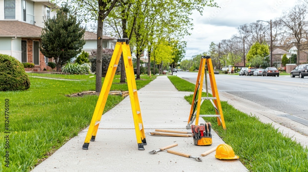 A construction scene featuring yellow ladders, tools, and safety gear on a suburban sidewalk lined with trees and houses. A construction scene featuring yellow ladders, tools, and safety gear on a suburban sidewalk lined with trees and houses.
