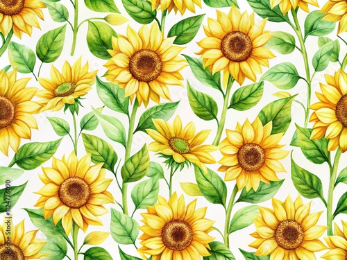 Beautiful Sunflower Watercolor Pattern on White Background - Bright Yellow Floral Design for Digital Paper and Crafts