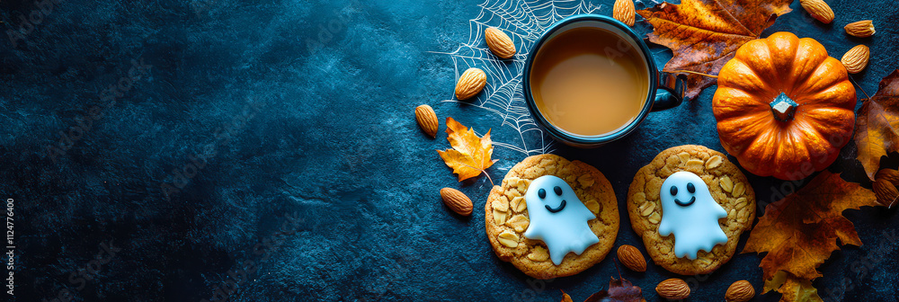 Composition with a cup of coffee, autumn leaves, pumpkin, homemade cookies on a dark table. Autumn concept. Top view. Composition with a cup of coffee, autumn leaves, pumpkin, homemade cookies on a dark table. Autumn concept. Top view.