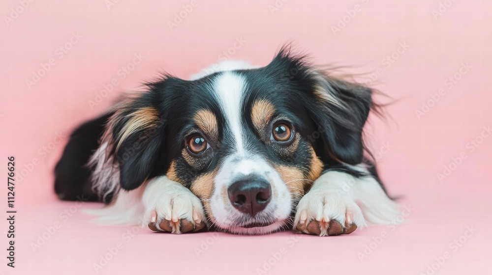 A dog lying down with its head resting on its paws on a solid pastel pink background A dog lying down with its head resting on its paws on a solid pastel pink background