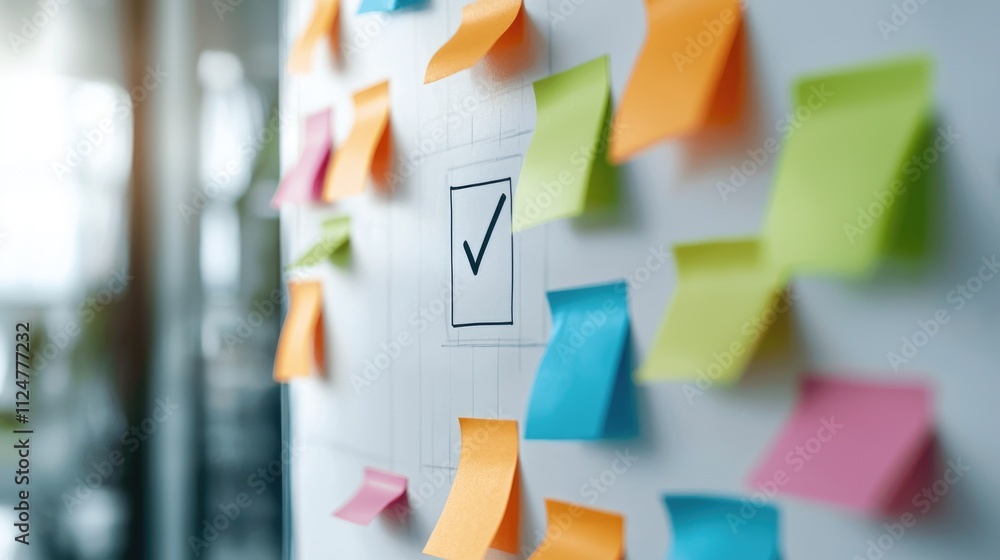 Colorful Sticky Notes on Board with Check Mark Symbol Colorful Sticky Notes on Board with Check Mark Symbol