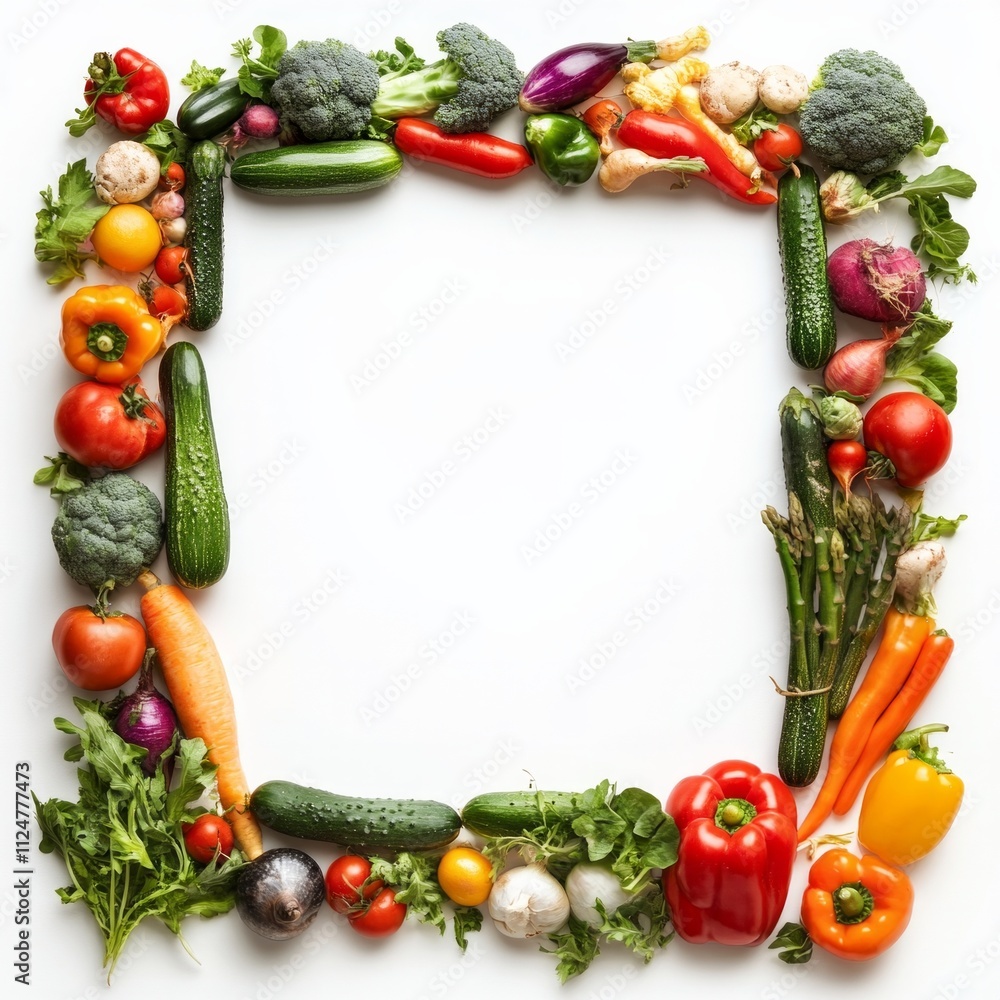 Colorful fresh vegetable frame with broccoli, peppers, and tomatoes on white background. Colorful fresh vegetable frame with broccoli, peppers, and tomatoes on white background.