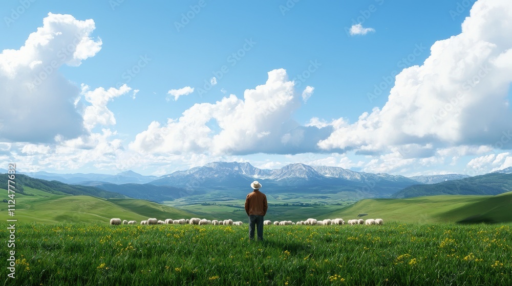 Person Enjoying Scenic Landscape with Sheep in Meadow Person Enjoying Scenic Landscape with Sheep in Meadow