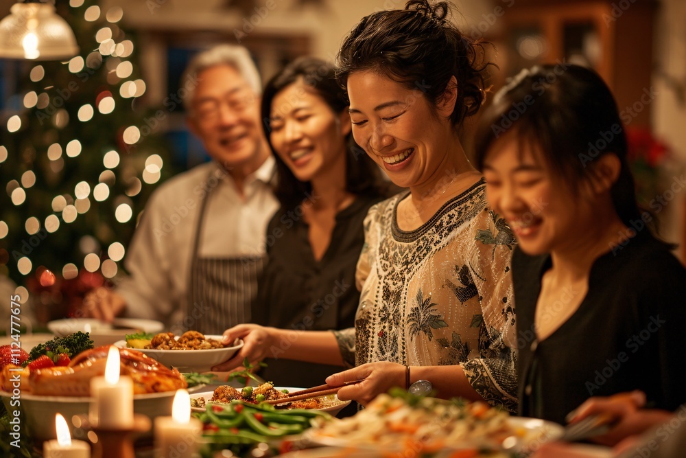 Friends and family gather joyfully by a beautifully decorated table filled with various dishes, celebrating the warmth of the holiday season in a cozy atmosphere Friends and family gather joyfully by a beautifully decorated table filled with various dishes, celebrating the warmth of the holiday season in a cozy atmosphere