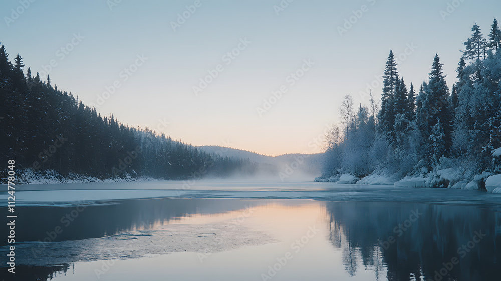 A Tranquil Frozen Lake in Winter, Surrounded by Magical Frosted Trees and a Breathtaking Snowy Landscape A Tranquil Frozen Lake in Winter, Surrounded by Magical Frosted Trees and a Breathtaking Snowy Landscape