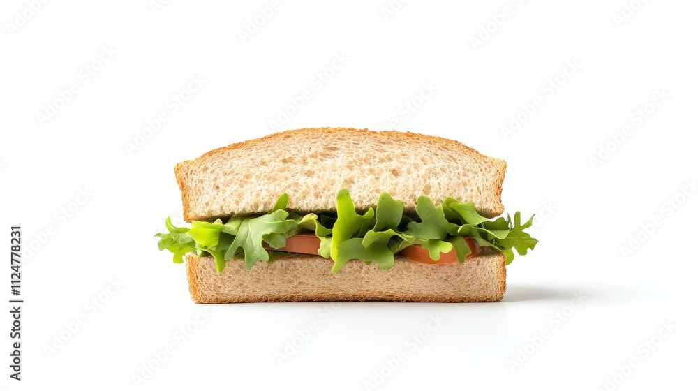 Freshly Made Sandwich with Crisp Lettuce and Juicy Tomato Slices Nestled Between Whole Wheat Bread on a Clean White Background Freshly Made Sandwich with Crisp Lettuce and Juicy Tomato Slices Nestled Between Whole Wheat Bread on a Clean White Background