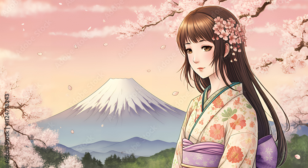 A delicate portrayal of Konohanasakuya-hime, goddess of cherry blossoms, in a floral kimono with Mount Fuji in the background, symbolizing natural beauty. A delicate portrayal of Konohanasakuya-hime, goddess of cherry blossoms, in a floral kimono with Mount Fuji in the background, symbolizing natural beauty.