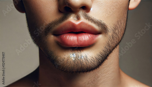 Close-up of a human mouth with natural lip texture and subtle lighting on a neutral background, showcasing details for medical or cosmetic purposes. photo