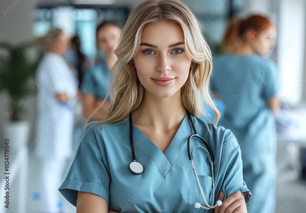 female doctor with stethoscope standing in front of group medical staff female doctor with stethoscope standing in front of group medical staff