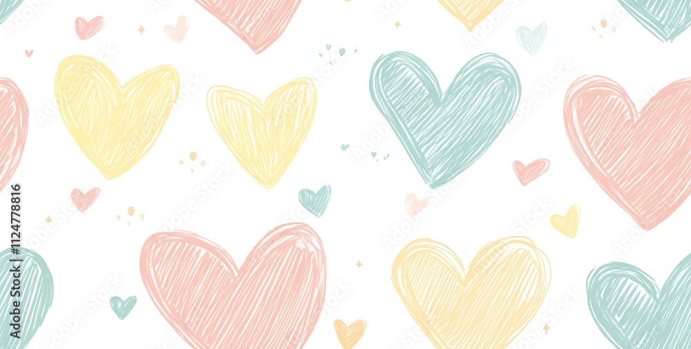 A seamless pattern of cute doodle hearts in pastel colors A seamless pattern of cute doodle hearts in pastel colors