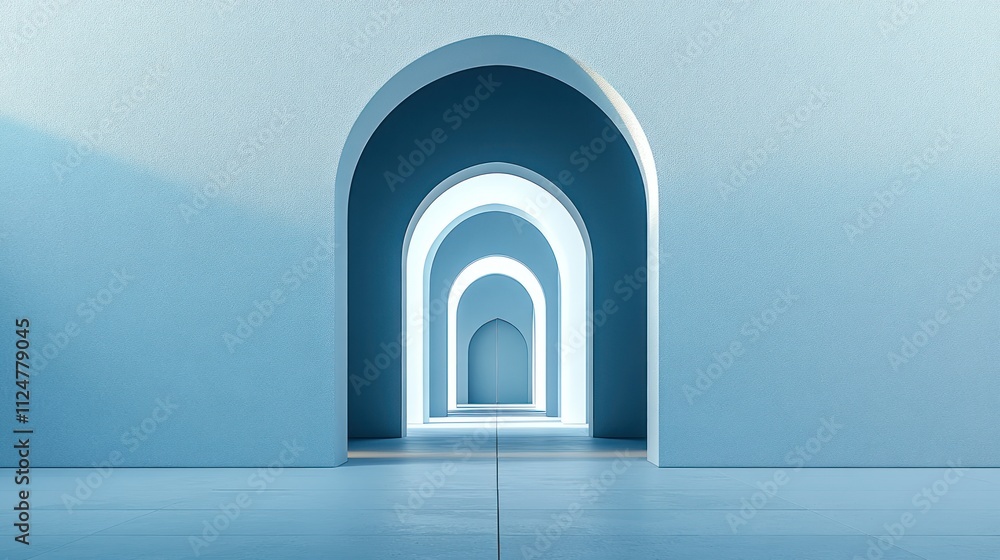 Fototapeta premium Abstract blue arched hallway leading to light.