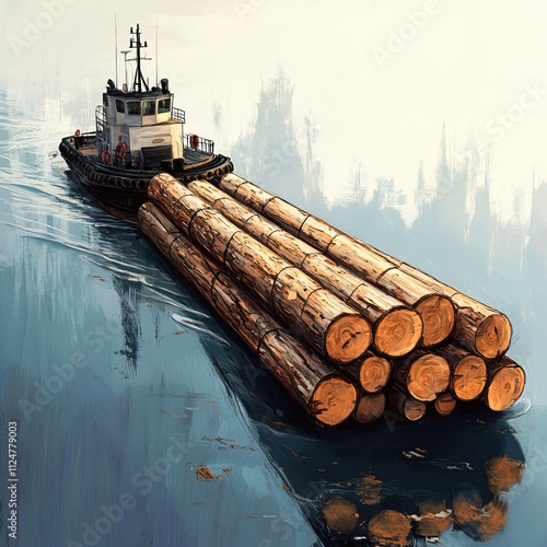 Industrial Tugboat Towing Heavy Timber Logs on Calm Water Surface photo