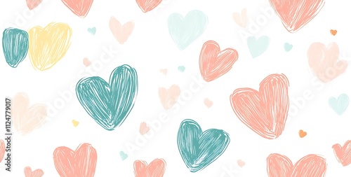 A seamless pattern of cute doodle hearts in pastel colors