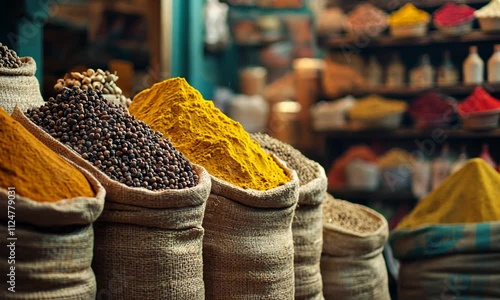 Aromatic Spices in Burlap Sacks at a Vibrant Market