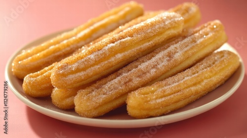 A plate of churros dusted with sugar and cinnamon powder on a pastel pink background